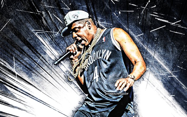 4k, Jay-Z, grunge konst, amerikansk rappare, vit abstrakt str&#229;lar, musik stj&#228;rnor, kreativa, Shawn Corey Carter, Jay-Z med mikrofon, konsert, amerikansk k&#228;ndis, Jay-Z 4K