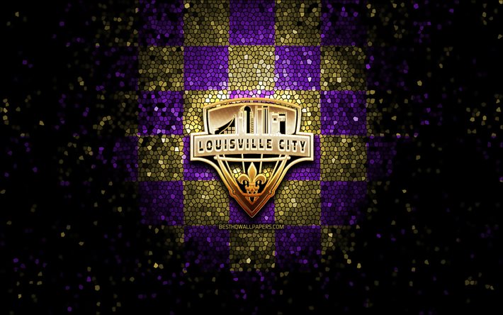 louisville city fc, glitter, logo, usl -, violett-braun karierten hintergrund, usa, amerikanischer fu&#223;ball-team, fc louisville city, vereinigte fu&#223;ball-liga, louisville city logo -, mosaik-kunst, fu&#223;ball, amerika