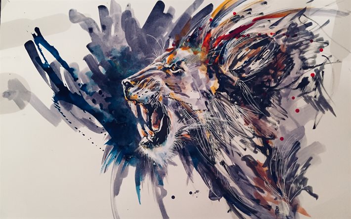Painted lion, grunge art, drawing lion, paint art, lion, predator