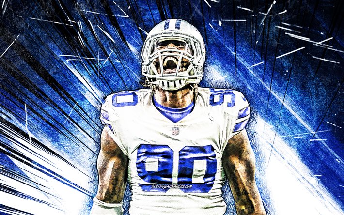 4k, demarcus lawrence, grunge, kunst, nfl, dallas cowboys, american football, linebacker, national football league, blue abstract-strahlen, demarcus lawrence 4k
