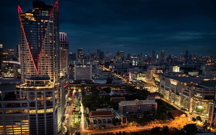 Bangkok, y&#246;, kaupunkikuva, pilvenpiirt&#228;ji&#228;, moderneja rakennuksia, Bangkok skyline, Bangkok panorama, Thaimaa