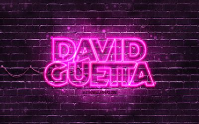 David Guetta roxo logotipo, 4k, superstars, DJs franceses, roxo brickwall, David Guetta logotipo, Pierre David Guetta, David Guetta, estrelas da m&#250;sica, David Guetta neon logotipo