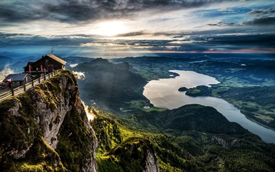 Wolfgangsee, lago, p&#244;r do sol, paisagem de montanha, noite, vista de cima, Alta &#193;ustria, Salzburgo, &#193;ustria