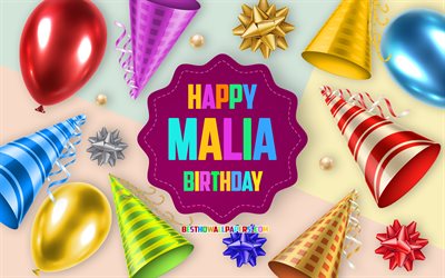 Happy Birthday Malia, 4k, Birthday Balloon Background, Malia, creative art, Happy Malia birthday, silk bows, Malia Birthday, Birthday Party Background