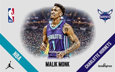Malik Monk, Charlotte Hornets, American Basketball Player, NBA, portrait, USA, basketball, Spectrum Center, Charlotte Hornets logo