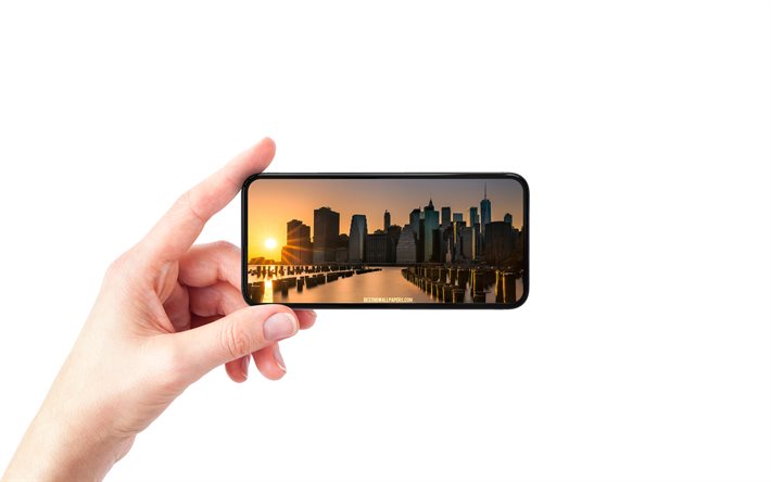 1 New York City, New York, D&#252;nya Ticaret Merkezi, elinde akıllı telefon, beyaz arka plan, akıllı telefon, Manhattan, East River, ABD