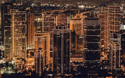 Manila, huvudstaden i Filippinerna, stadsbilden, natt, moderna byggnader, goridnota linje, Filippinerna