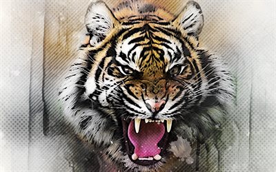 resumen del tigre, obras de arte, tigre enojado, el grunge de arte, creativo, tigre