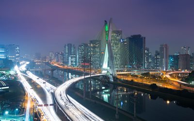 Sao Paulo, Puente Octavio Frias de Oliveira, R&#237;o Pinheiros, noche, rascacielos, edificios modernos, el puente Estaiada, estado de Sao Paulo, Brasil