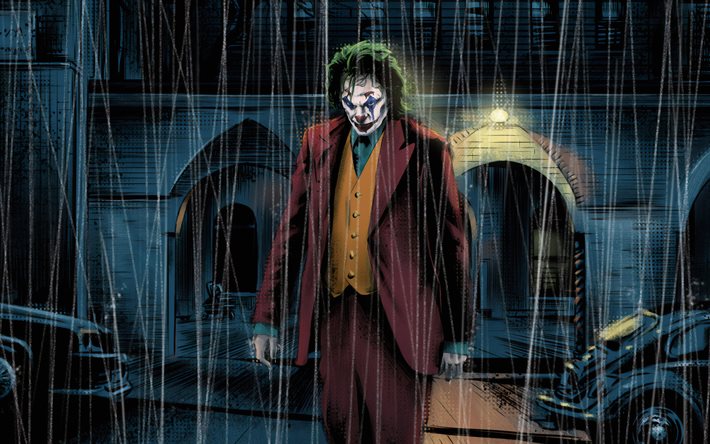 Joker, 4k, la lluvia, el supervillano, fan art, la noche, el Bromista 4K, obras de arte