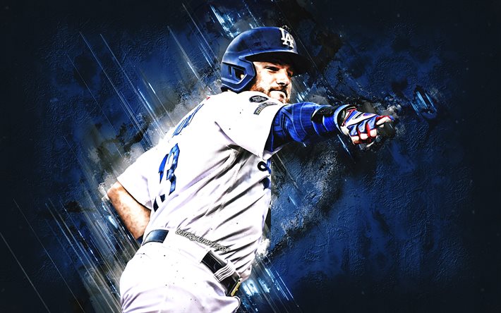 Max Muncy, Los Angeles Dodgers, MLB, american baseball player, portrait, blue stone background, baseball, Maxwell Steven Muncy, Major League Baseball
