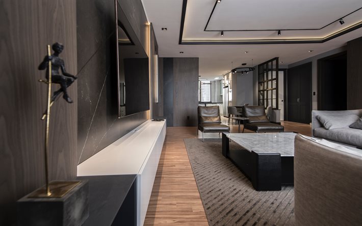 elegante apartamento de design de interiores, estilo loft, um design interior moderno, sala de estar, cinza escuro, de paredes de concreto