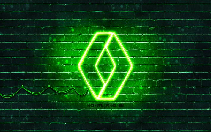 رينو الأخضر شعار, 4k, الأخضر brickwall, رينو شعار, السيارات العلامات التجارية, رينو النيون شعار, رينو