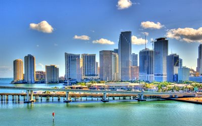 Miami, Marqusi Bost&#228;der, Paramount Miami Worldcenter, kv&#228;ll, sunset, moderna byggnader, skyskrapor, stadsbilden, Miami skyline, Florida, USA, Staden Miami