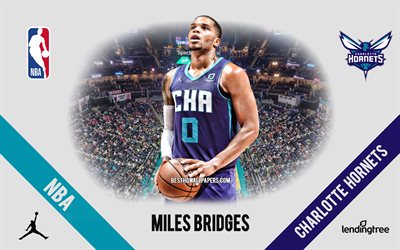 Miles Bridges, Charlotte Hornets, American Basketball Player, NBA, portrait, USA, basketball, Spectrum Center, Charlotte Hornets logo