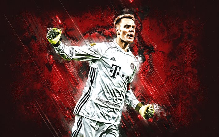 Manuel Neuer, Bayern M&#252;nchen FC, Saksan jalkapalloilija, maalivahti, muotokuva, punainen kivi tausta, Bundesliiga, Saksa, jalkapallo