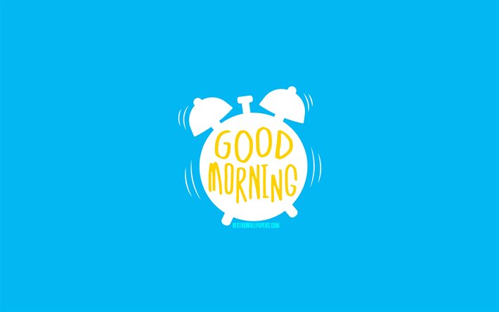 God Morgon, 4k, minimal, bl&#229; bakgrund, kreativa, god morgon med, v&#228;ckarklocka, god morgon begrepp