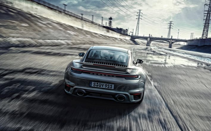 Porsche 911 Turbo S, 2021, dikiz, dış, gri spor coupe, hız kavramlar, yeni gri Porsche 911, Alman spor otomobil, Porsche