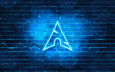Manjaro logo blu, 4k, blu, muro di mattoni, Manjaro logo, Linux, Manjaro neon logo, Manjaro