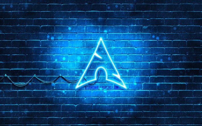Manjaro blue logo, 4k, blue brickwall, Manjaro logo, Linux, Manjaro neon logo, Manjaro