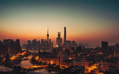 Shanghai, rascacielos, Torre de la Perla Oriental, Waitan, tarde, puesta de sol, panorama, paisaje urbano de Shanghai, Shanghai skyline, metropolis, China