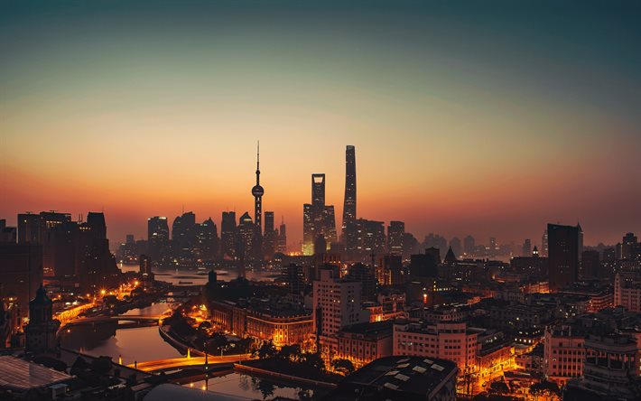 Shanghai, skyscrapers, Oriental Pearl Tower, Waitan, evening, sunset, panorama, Shanghai cityscape, Shanghai skyline, metropolis, China