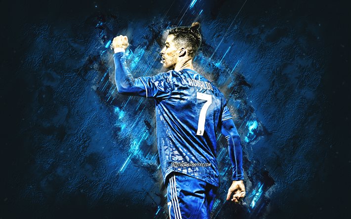 Cristiano Ronaldo, CR7, Juventus FC, blue stone background, Portuguese footballer, portrait, blue Juventus uniform, Champions League, Serie A, football, Juventus