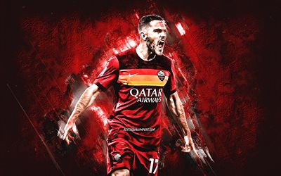 Jordan Veretout, AS Roma, French footballer, red stone background, football, Serie A