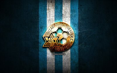 Maccabi Petah Tikva FC, golden logo, Ligat ha Al, blue metal background, football, Israeli football club, Maccabi Petah Tikva logo, soccer, Maccabi Petah Tikva