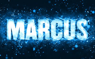 Buon compleanno Marcus, 4k, luci al neon blu, nome Marcus, creativo, buon compleanno Marcus, compleanno Marcus, nomi maschili americani popolari, foto con nome Marcus, Marcus