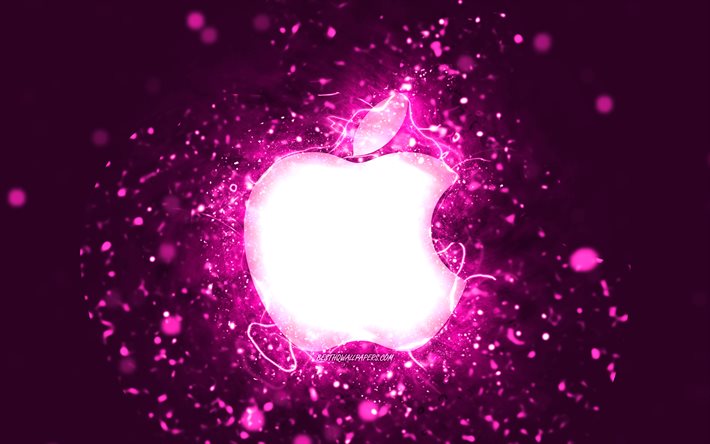 apple lila logo, 4k, lila neonlichter, kreativ, lila abstrakter hintergrund, apple logo, marken, apple