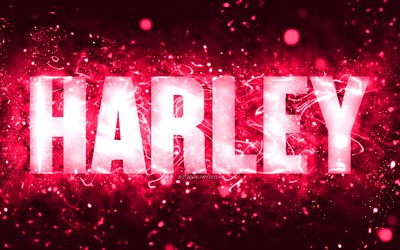 Happy Birthday Harley, 4k, pink neon lights, Harley name, creative, Harley Happy Birthday, Harley Birthday, popular american female names, picture with Harley name, Harley