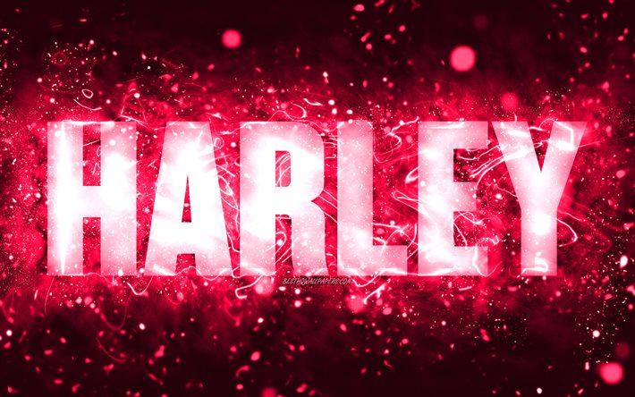 alles gute zum geburtstag harley, 4k, rosa neonlichter, harley-name, kreativ, harley alles gute zum geburtstag, harley-geburtstag, beliebte amerikanische frauennamen, bild mit harley-namen, harley
