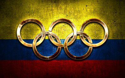 Kolombiyalı olimpiyat takımı, altın olimpiyat halkaları, Olimpiyatlarda Kolombiya, yaratıcı, Kolombiya bayrağı, metal arka plan, Kolombiya Olimpiyat Takımı