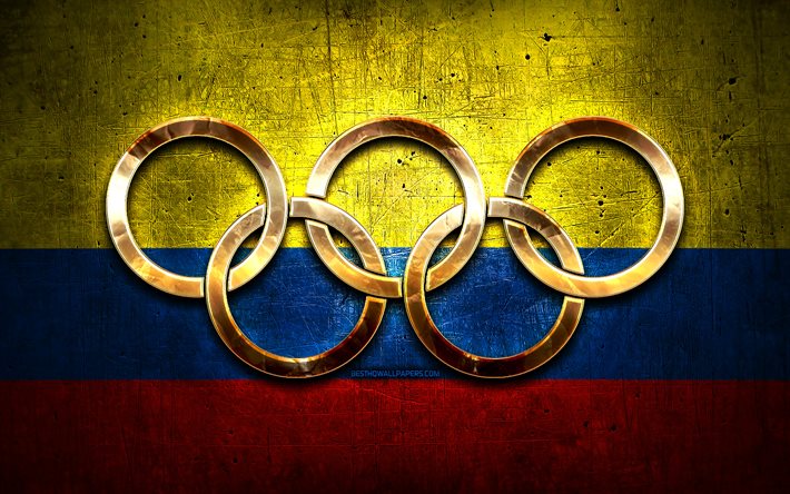 Colombianska olympiska laget, gyllene olympiska ringar, Colombia vid OS, kreativa, colombianska flagga, metallbakgrund, Colombia olympiska laget, colombias flagga