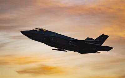 Lockheed Martin F-35 Lightning II, F-35A, American Fighter Bomber, United States Air Force, coucher de soleil, ciel du soir, avion militaire am&#233;ricain