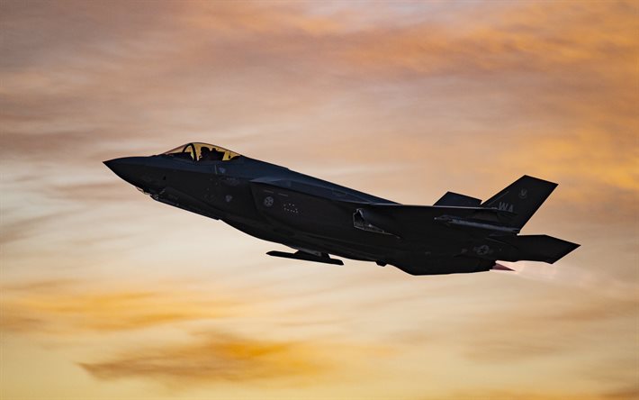 Lockheed Martin F-35 Lightning II, F-35A, American Fighter Bomber, United States Air Force, sunset, evening sky, american military aircraft