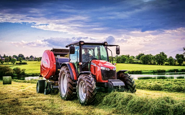 Massey Ferguson 5711 Cab, 4k, picking grass, HDR, 2021 tractors, agricultural machinery, harvest, red tractor, agriculture, Massey Ferguson