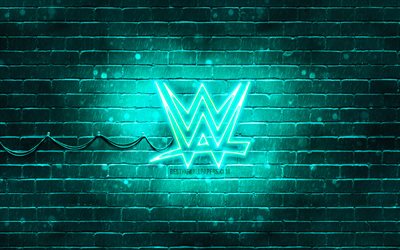 WWE turchese logo, 4k, muro di mattoni turchese, World Wrestling Entertainment, logo WWE, marchi, logo neon WWE, WWE