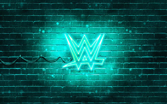 Logo WWE turquoise, 4k, brickwall turquoise, World Wrestling Entertainment, logo WWE, marques, logo n&#233;on WWE, WWE