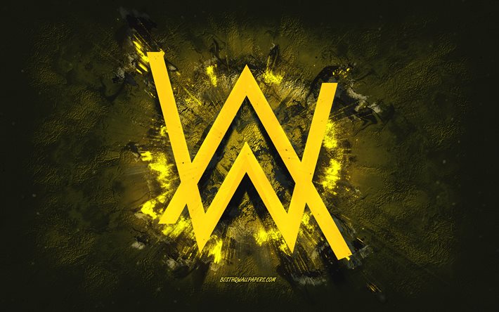 Alan Walker logosu, grunge sanat, sarı taş arka plan, Alan Walker sarı logo, Alan Walker, yaratıcı sanat, sarı Alan Walker grunge logosu