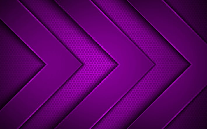 setas de metal violetas, 4k, criativo, setas 3D, fundo de grade de metal violeta, setas violetas, fundo com setas, conceitos de setas, setas