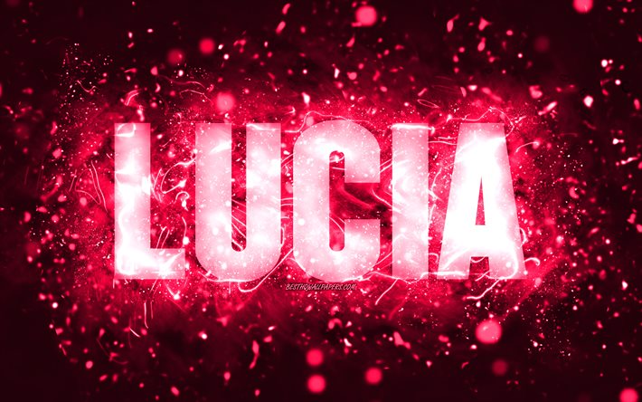 alles gute zum geburtstag lucia, 4k, rosa neonlichter, lucia-name, kreativ, lucia alles gute zum geburtstag, lucia-geburtstag, beliebte amerikanische frauennamen, bild mit lucia-namen, lucia