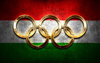 Hungarian olympic team, golden olympic rings, Hungary at the Olympics, creative, Hungarian flag, metal background, Hungary Olympic Team, flag of Hungary