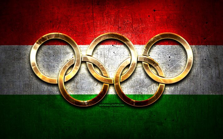 &#201;quipe olympique hongroise, anneaux olympiques d&#39;or, Hongrie aux Jeux olympiques, cr&#233;atif, drapeau hongrois, fond m&#233;tallique, &#233;quipe olympique de Hongrie, drapeau de la Hongrie