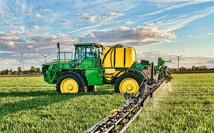 John Deere R4050i, 4k, pollinisation des champs, 2021 tracteurs, machines agricoles, tracteur vert, HDR, tracteur sur le terrain, agriculture, r&#233;colte, John Deere