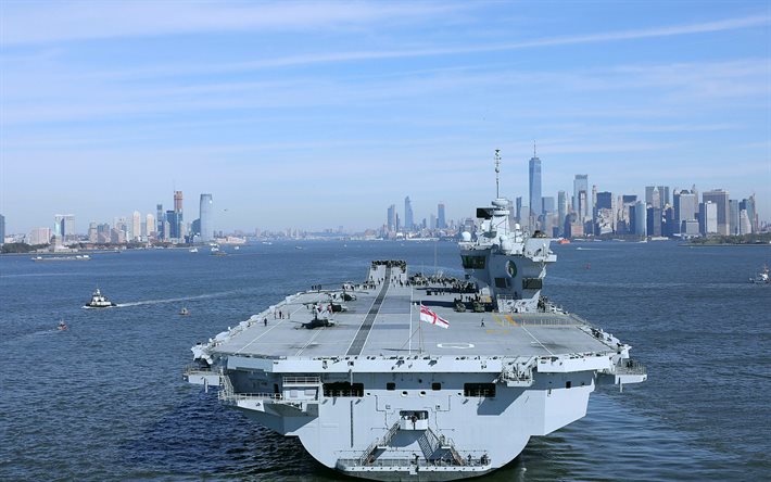 HMS Queen Elizabeth, R08, Royal Navy, New York, portaerei nucleare britannica, classe Queen Elizabeth, navi da guerra, portaerei, paesaggio urbano di New York