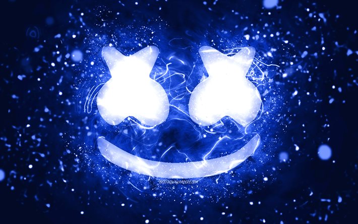 Marshmello logo blu scuro, 4k, Christopher Comstock, luci al neon blu scuro, creativo, sfondo astratto blu scuro, DJ Marshmello, logo Marshmello, DJ americani, Marshmello
