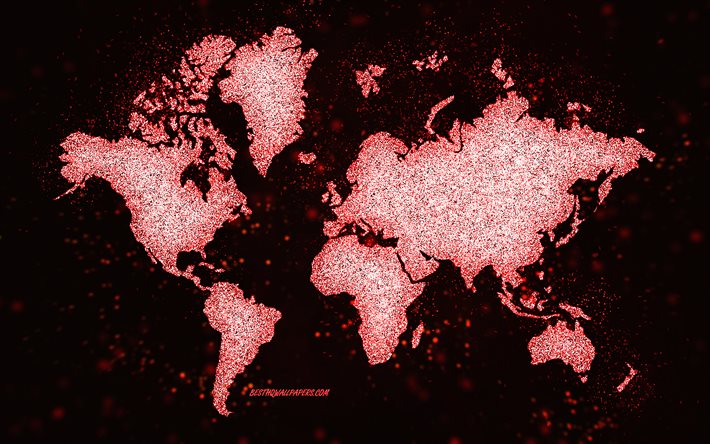 Carte de paillettes du monde, fond noir, carte du monde, art de paillettes rouges, concepts de carte du monde, art cr&#233;atif, carte rouge du monde, carte des continents