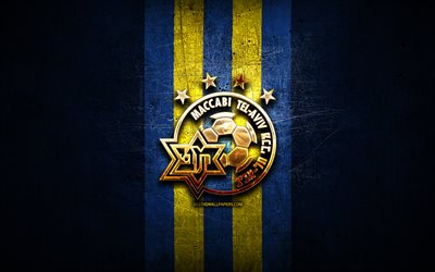 Maccabi Tel Aviv FC, logotipo dourado, Ligat ha Al, fundo de metal azul, futebol, clube de futebol israelense, logotipo do Maccabi Tel Aviv, Maccabi Tel Aviv